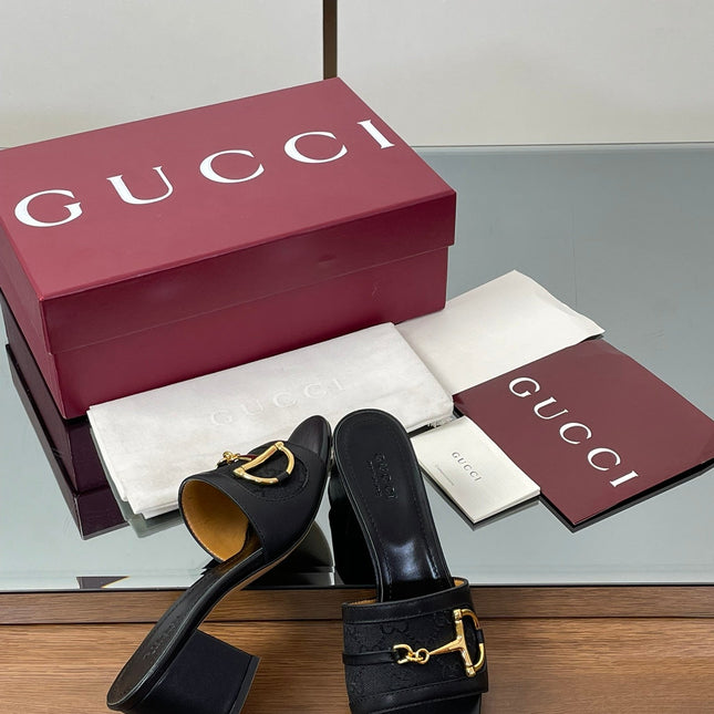 HIGH HEEL MULE 5.5 CM IN BLACK CALFSKIN MIX FABRIC AND GOLD HARDWARE