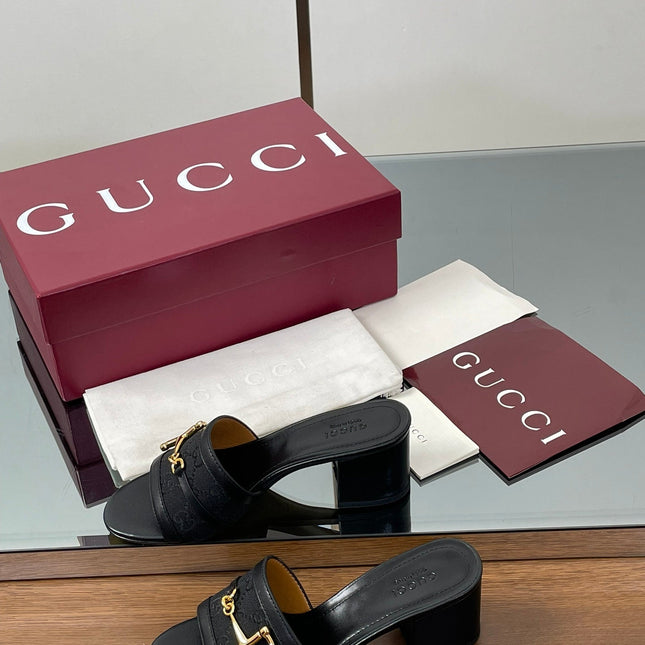 HIGH HEEL MULE 5.5 CM IN BLACK CALFSKIN MIX FABRIC AND GOLD HARDWARE