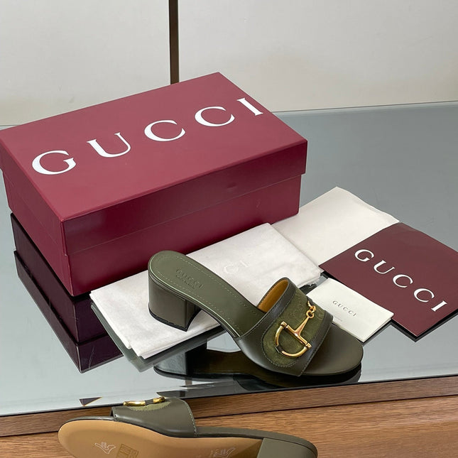 HIGH HEEL MULE 5.5 CM IN MOSS GREEN CALFSKIN MIX FABRIC AND GOLD HARDWARE