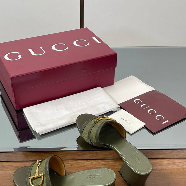 HIGH HEEL MULE 5.5 CM IN MOSS GREEN CALFSKIN MIX FABRIC AND GOLD HARDWARE