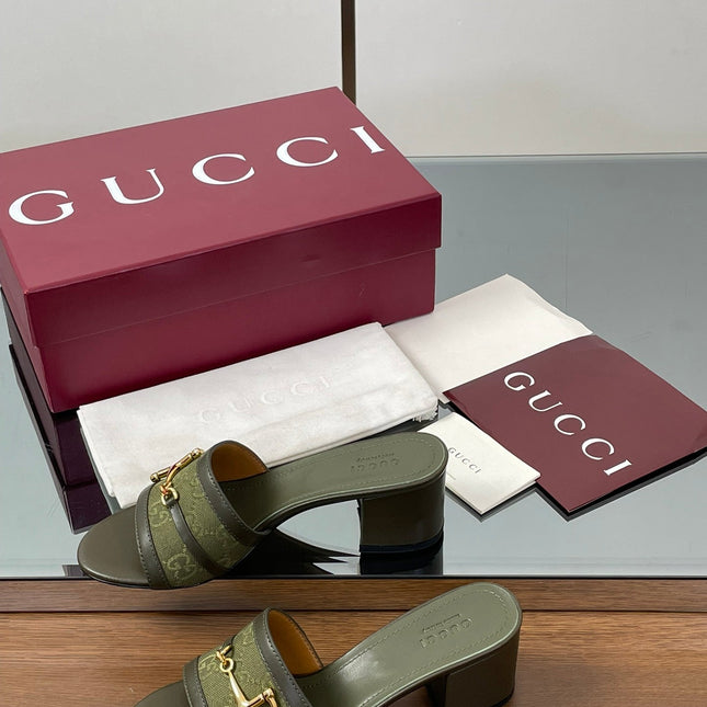 HIGH HEEL MULE 5.5 CM IN MOSS GREEN CALFSKIN MIX FABRIC AND GOLD HARDWARE