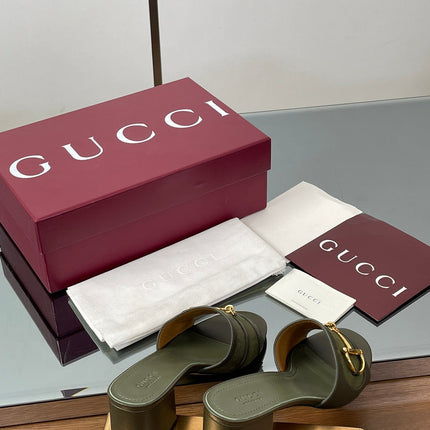 HIGH HEEL MULE 5.5 CM IN MOSS GREEN CALFSKIN MIX FABRIC AND GOLD HARDWARE