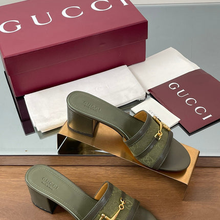 HIGH HEEL MULE 5.5 CM IN MOSS GREEN CALFSKIN MIX FABRIC AND GOLD HARDWARE