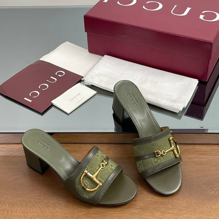 HIGH HEEL MULE 5.5 CM IN MOSS GREEN CALFSKIN MIX FABRIC AND GOLD HARDWARE