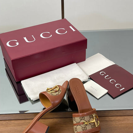 HIGH HEEL MULE 5.5 CM IN BROWN CALFSKIN MIX FABRIC AND GOLD HARDWARE