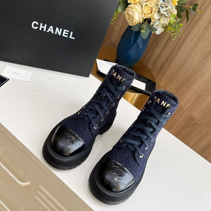 SHORT BOOTS IN DENIM BLUE TWEED AND BLACK CALFSKIN