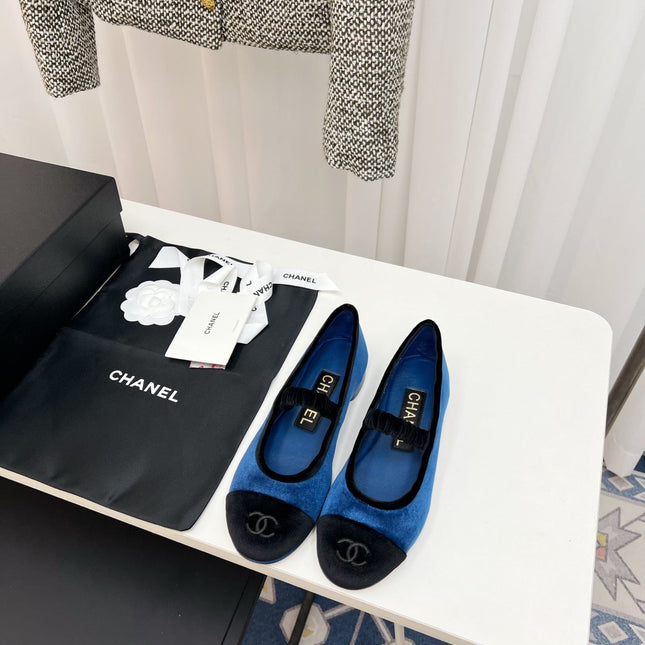CC MARY JANE FLAT IN COBALT BLUE AND BLACK VELVET