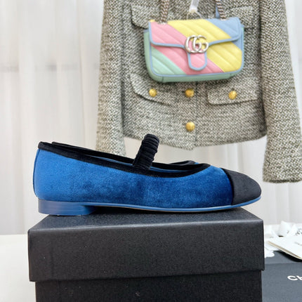 CC MARY JANE FLAT IN COBALT BLUE AND BLACK VELVET