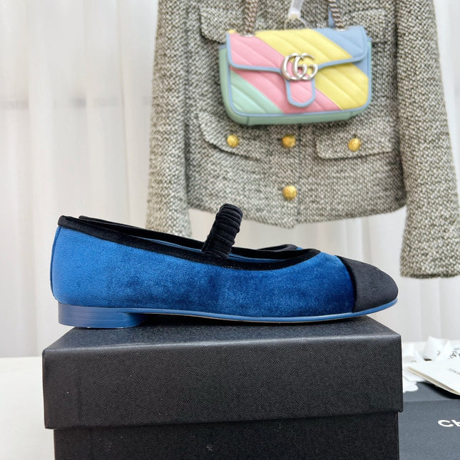 CC MARY JANE FLAT IN COBALT BLUE AND BLACK VELVET
