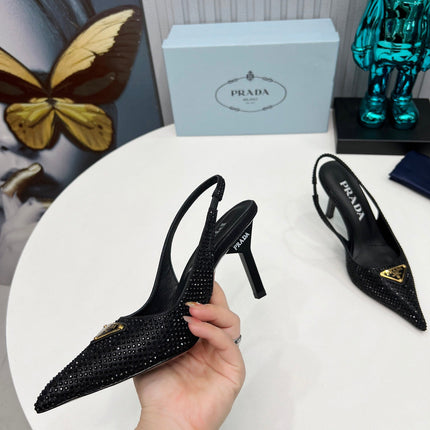CRYSTAL SATIN HIGH-HEEL SLING BACK PUMPS BLACK