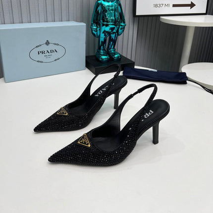 CRYSTAL SATIN HIGH-HEEL SLING BACK PUMPS BLACK