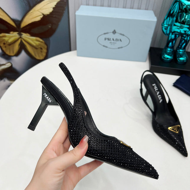 CRYSTAL SATIN HIGH-HEEL SLING BACK PUMPS BLACK