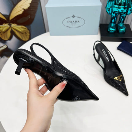 CRYSTAL SATIN HIGH-HEEL SLING BACK PUMPS BLACK