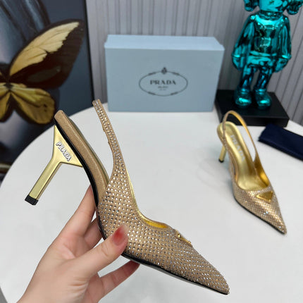 CRYSTAL SATIN HIGH-HEEL SLING BACK PUMPS GOLD