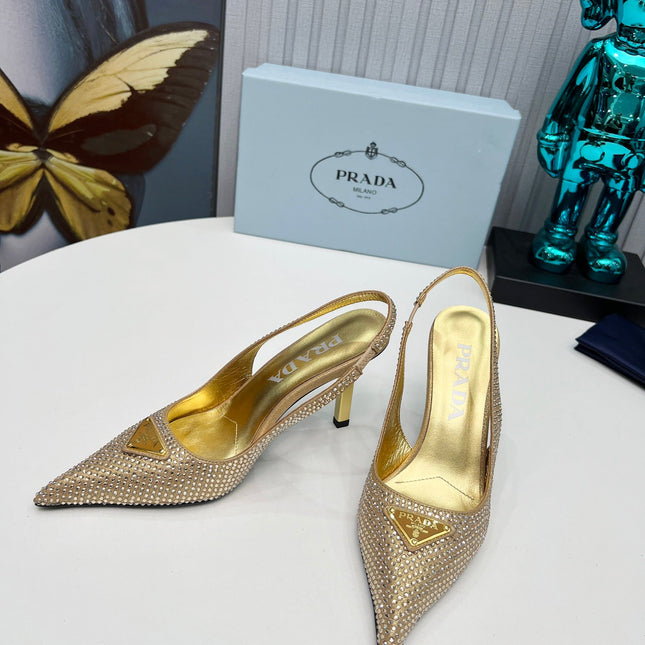 CRYSTAL SATIN HIGH-HEEL SLING BACK PUMPS GOLD