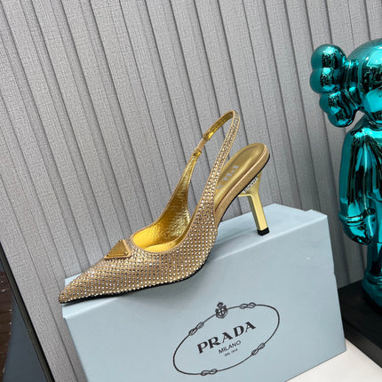CRYSTAL SATIN HIGH-HEEL SLING BACK PUMPS GOLD