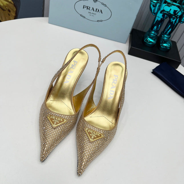 CRYSTAL SATIN HIGH-HEEL SLING BACK PUMPS GOLD