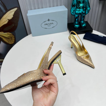 CRYSTAL SATIN HIGH-HEEL SLING BACK PUMPS GOLD