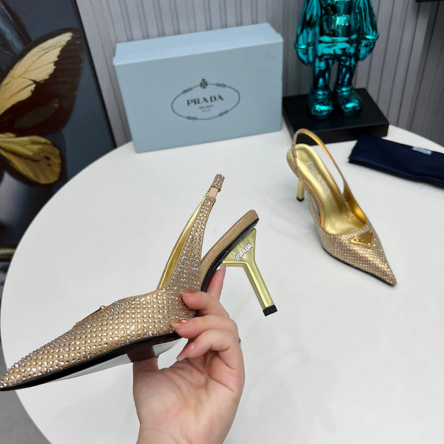CRYSTAL SATIN HIGH-HEEL SLING BACK PUMPS GOLD