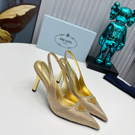 CRYSTAL SATIN HIGH-HEEL SLING BACK PUMPS GOLD
