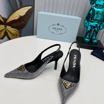 HIGH-HEEL SLING BACK PUMPS IN BLACK SATIN WITH WHITE CRYSTALS