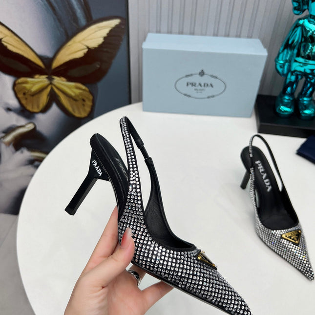 HIGH-HEEL SLING BACK PUMPS IN BLACK SATIN WITH WHITE CRYSTALS