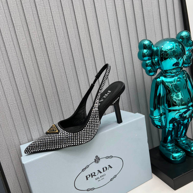 HIGH-HEEL SLING BACK PUMPS IN BLACK SATIN WITH WHITE CRYSTALS