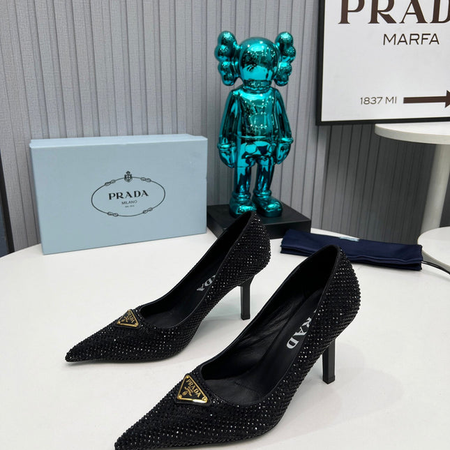 CRYSTAL HIGH-HEEL PUMPS IN BLACK SATIN WITH TRIANGLE LOGO