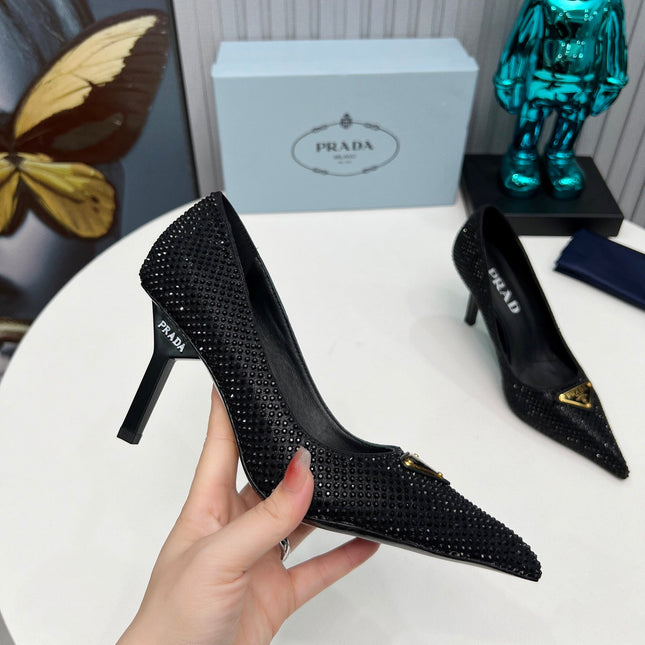 CRYSTAL HIGH-HEEL PUMPS IN BLACK SATIN WITH TRIANGLE LOGO