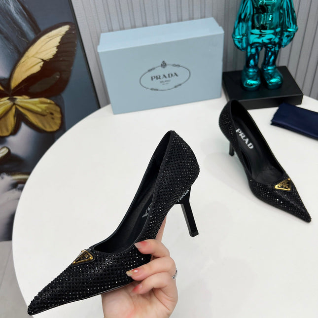 CRYSTAL HIGH-HEEL PUMPS IN BLACK SATIN WITH TRIANGLE LOGO