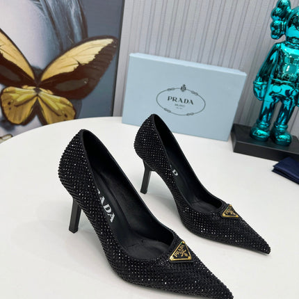 CRYSTAL HIGH-HEEL PUMPS IN BLACK SATIN WITH TRIANGLE LOGO