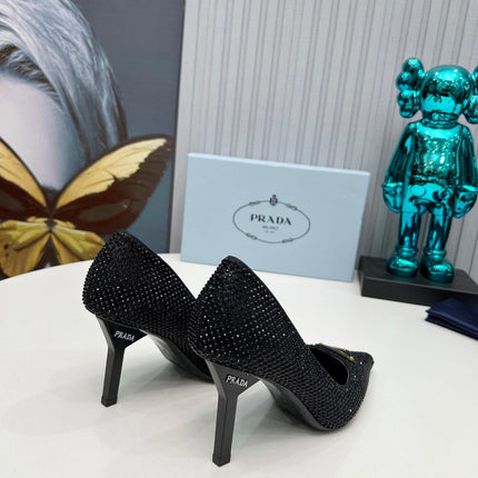 CRYSTAL HIGH-HEEL PUMPS IN BLACK SATIN WITH TRIANGLE LOGO