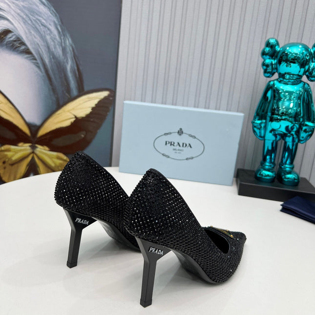 CRYSTAL HIGH-HEEL PUMPS IN BLACK SATIN WITH TRIANGLE LOGO