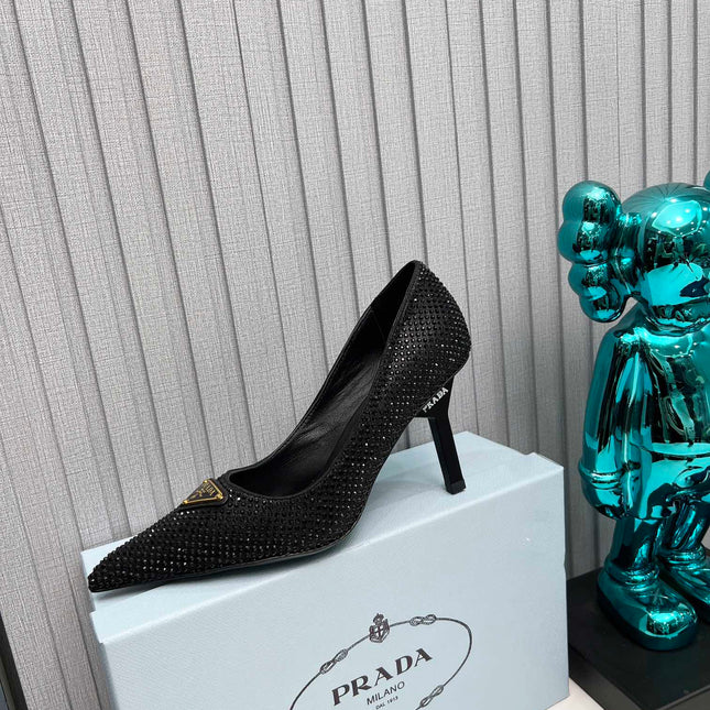 CRYSTAL HIGH-HEEL PUMPS IN BLACK SATIN WITH TRIANGLE LOGO