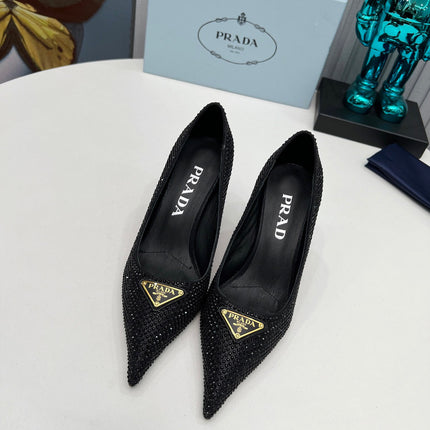 CRYSTAL HIGH-HEEL PUMPS IN BLACK SATIN WITH TRIANGLE LOGO