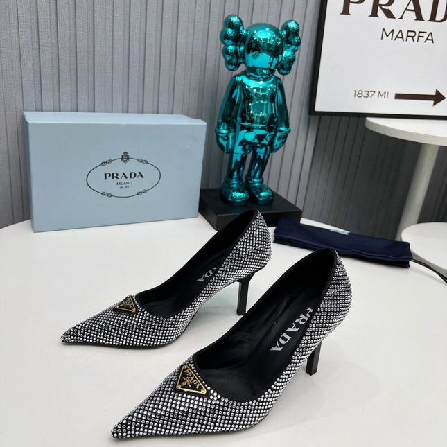 TRIANGLE LOGO HIGH-HEEL PUMPS IN BLACK SATIN WITH WHITE CRYSTALS