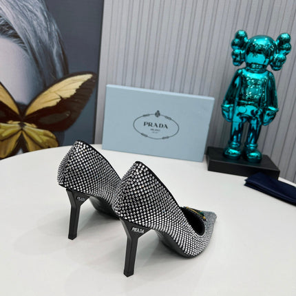 TRIANGLE LOGO HIGH-HEEL PUMPS IN BLACK SATIN WITH WHITE CRYSTALS