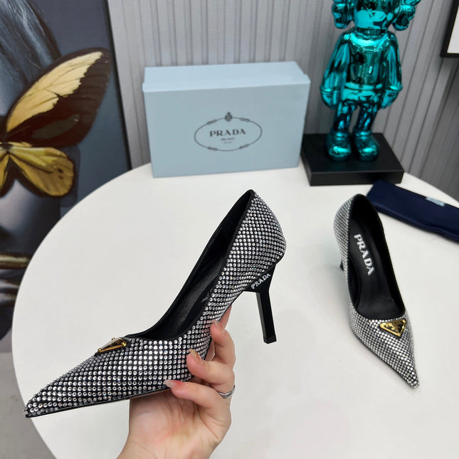 TRIANGLE LOGO HIGH-HEEL PUMPS IN BLACK SATIN WITH WHITE CRYSTALS