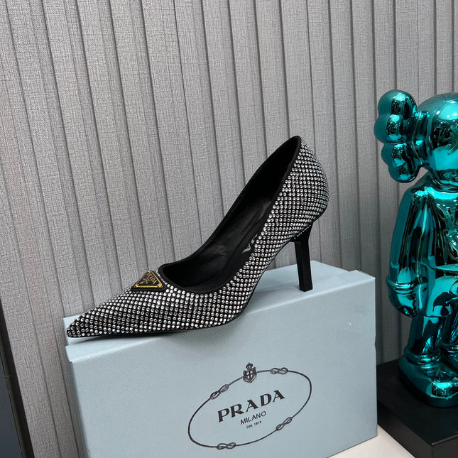 TRIANGLE LOGO HIGH-HEEL PUMPS IN BLACK SATIN WITH WHITE CRYSTALS