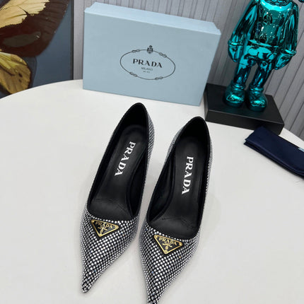 TRIANGLE LOGO HIGH-HEEL PUMPS IN BLACK SATIN WITH WHITE CRYSTALS