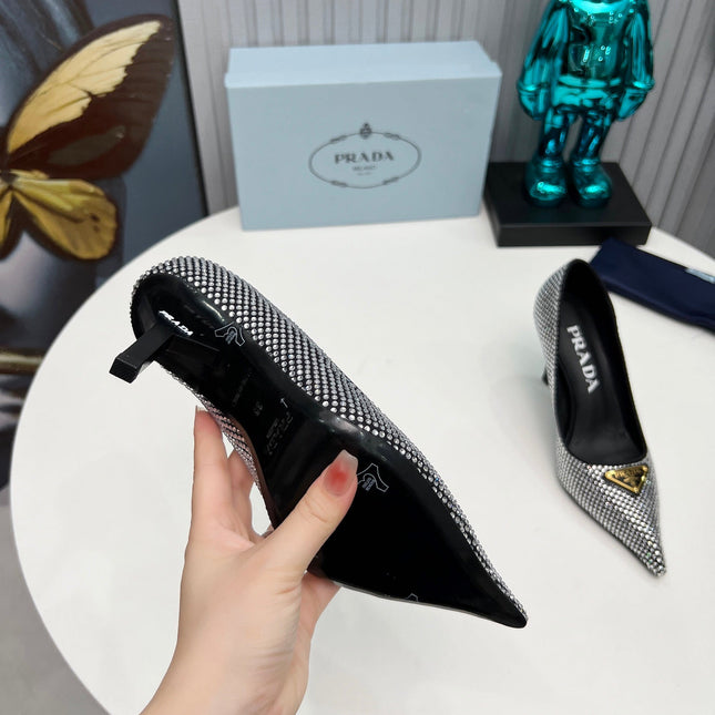 TRIANGLE LOGO HIGH-HEEL PUMPS IN BLACK SATIN WITH WHITE CRYSTALS