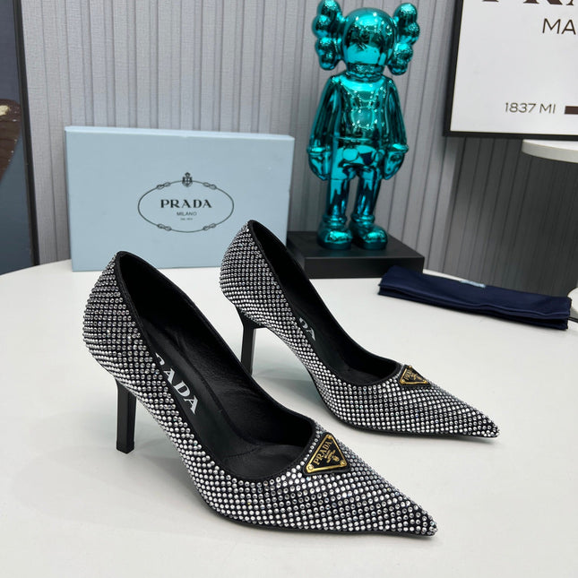 TRIANGLE LOGO HIGH-HEEL PUMPS IN BLACK SATIN WITH WHITE CRYSTALS