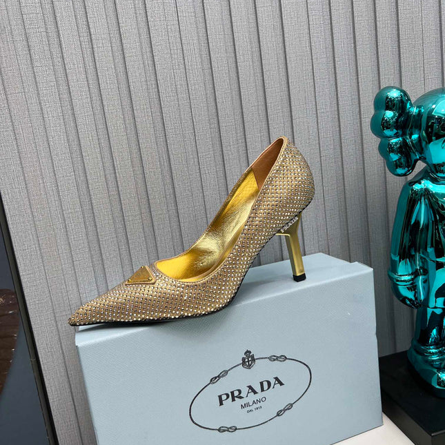 CRYSTAL HIGH-HEEL PUMPS IN GOLD SATIN WITH TRIANGLE LOGO