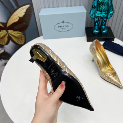 CRYSTAL HIGH-HEEL PUMPS IN GOLD SATIN WITH TRIANGLE LOGO