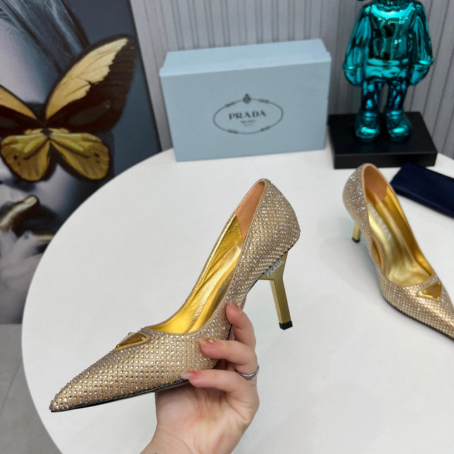 CRYSTAL HIGH-HEEL PUMPS IN GOLD SATIN WITH TRIANGLE LOGO