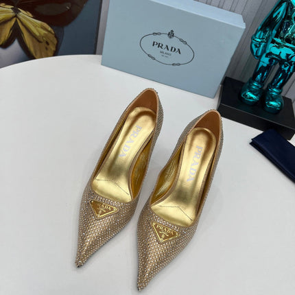 CRYSTAL HIGH-HEEL PUMPS IN GOLD SATIN WITH TRIANGLE LOGO