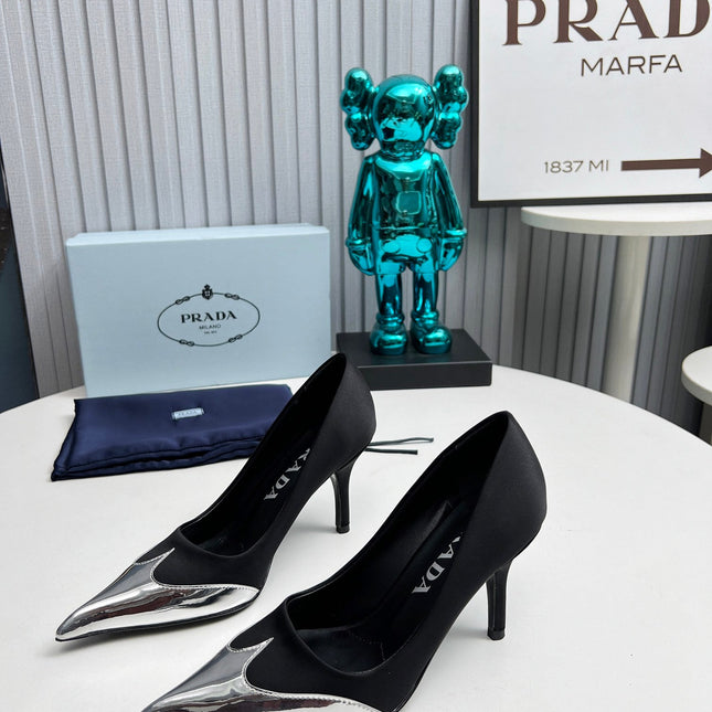 HIGH POINTED-TOE PUMPS IN BLACK MIX SILVER SATIN