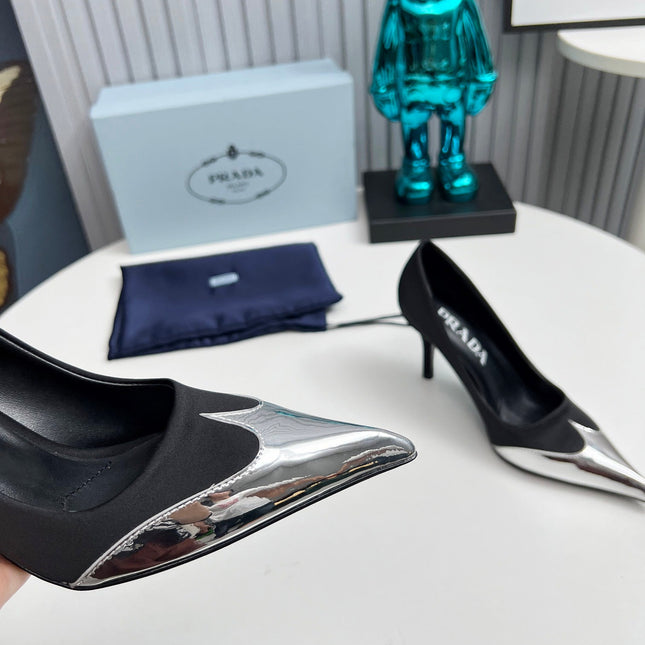 HIGH POINTED-TOE PUMPS IN BLACK MIX SILVER SATIN