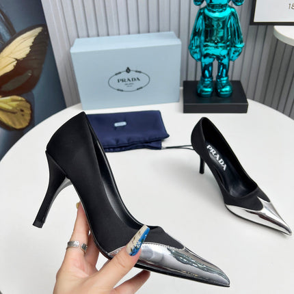 HIGH POINTED-TOE PUMPS IN BLACK MIX SILVER SATIN