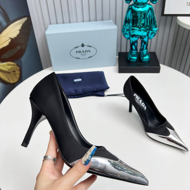 HIGH POINTED-TOE PUMPS IN BLACK MIX SILVER SATIN